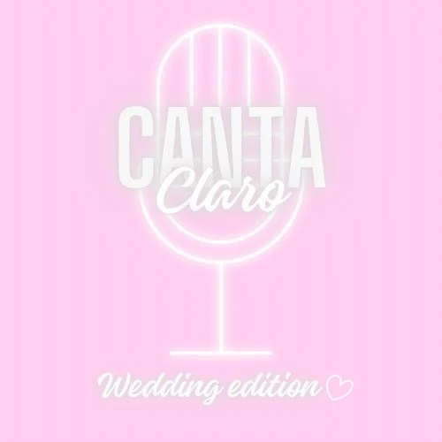 Logo de Canta Claro Wedding edition: o micro de neón en branco sobre rosa