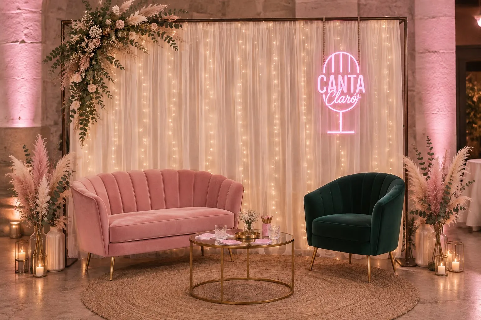Set de Canta Claro para vodas: sofá rosa de veludo, butaca verde, mesa dourada e o neón de Canta Claro diante dunha cortina de luces, con pampas e velas
